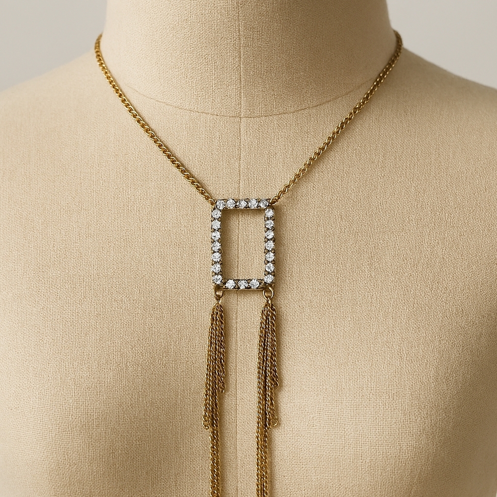 Gold Pave Crystal Rectangle Fringe Necklace – Long Cable Chain Fashion Jewelry